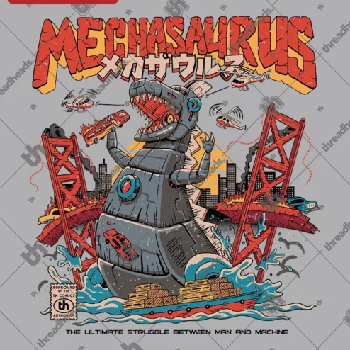 Mechasaurus Robot Dinosaur Graphic Tee Man vs Machine Sci-Fi Kaiju Shirt on a hanger, ready to ship from Chicago, Illinois