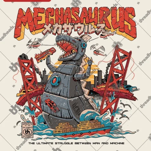 Customer in Chicago, Illinois wearing Mechasaurus Robot Dinosaur Graphic Tee Man vs Machine Sci-Fi Kaiju Shirt