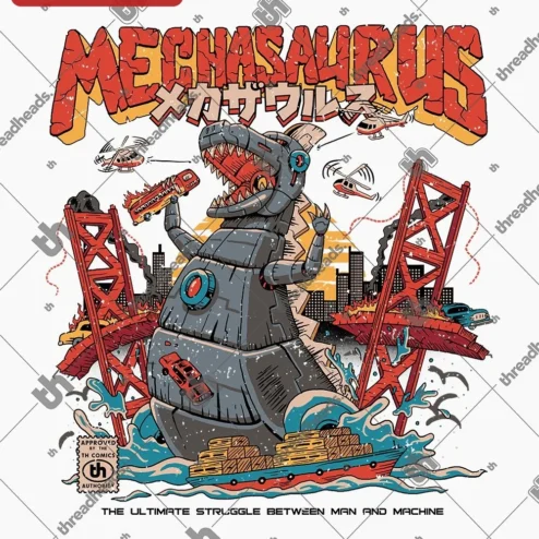 Close-up of Mechasaurus Robot Dinosaur Graphic Tee Man vs Machine Sci-Fi Kaiju Shirt for streetwear fans in Chicago, Illinois
