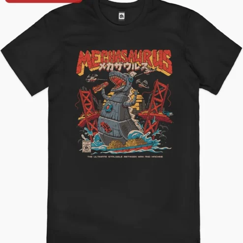 Customer in Chicago, Illinois wearing Mechasaurus Robot Dinosaur Graphic Tee Man vs Machine Sci-Fi Kaiju Shirt