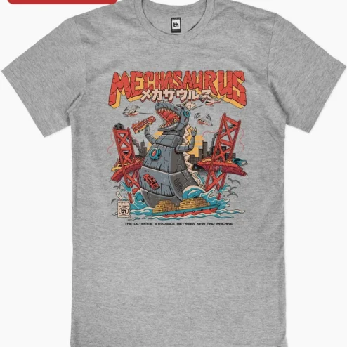 Close-up of Mechasaurus Robot Dinosaur Graphic Tee Man vs Machine Sci-Fi Kaiju Shirt for streetwear fans in Chicago, Illinois