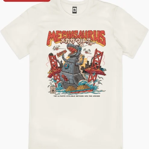 Customer in Chicago, Illinois wearing Mechasaurus Robot Dinosaur Graphic Tee Man vs Machine Sci-Fi Kaiju Shirt