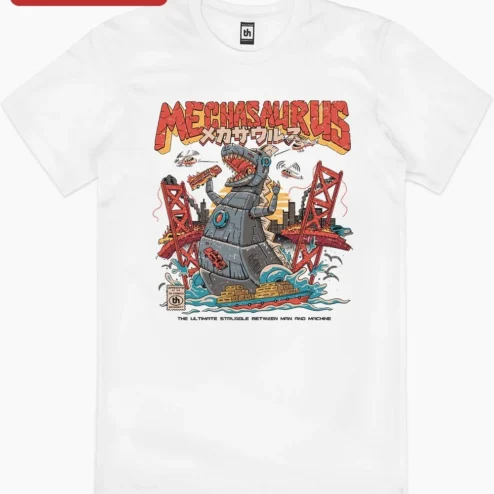 Close-up of Mechasaurus Robot Dinosaur Graphic Tee Man vs Machine Sci-Fi Kaiju Shirt for streetwear fans in Chicago, Illinois