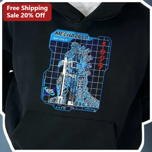 Mechazilla SpaceX Hoodie Mechagodzilla Rocket Blueprint Graphic Pullover for Men Women Sci-Fi Kaiju Fans