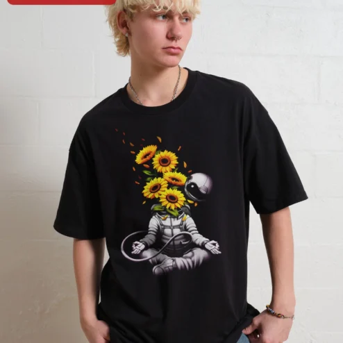 Meditating Astronaut Sunflower Graphic Tee Space Meditation Zen Apparel Gift for Sci-Fi Fans