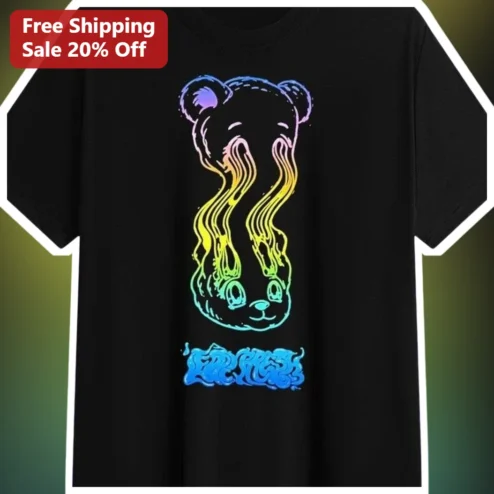 Melting Bear Psychedelic Art Tee Retro Trippy Rainbow Gradient Graphic Shirt for Men Women