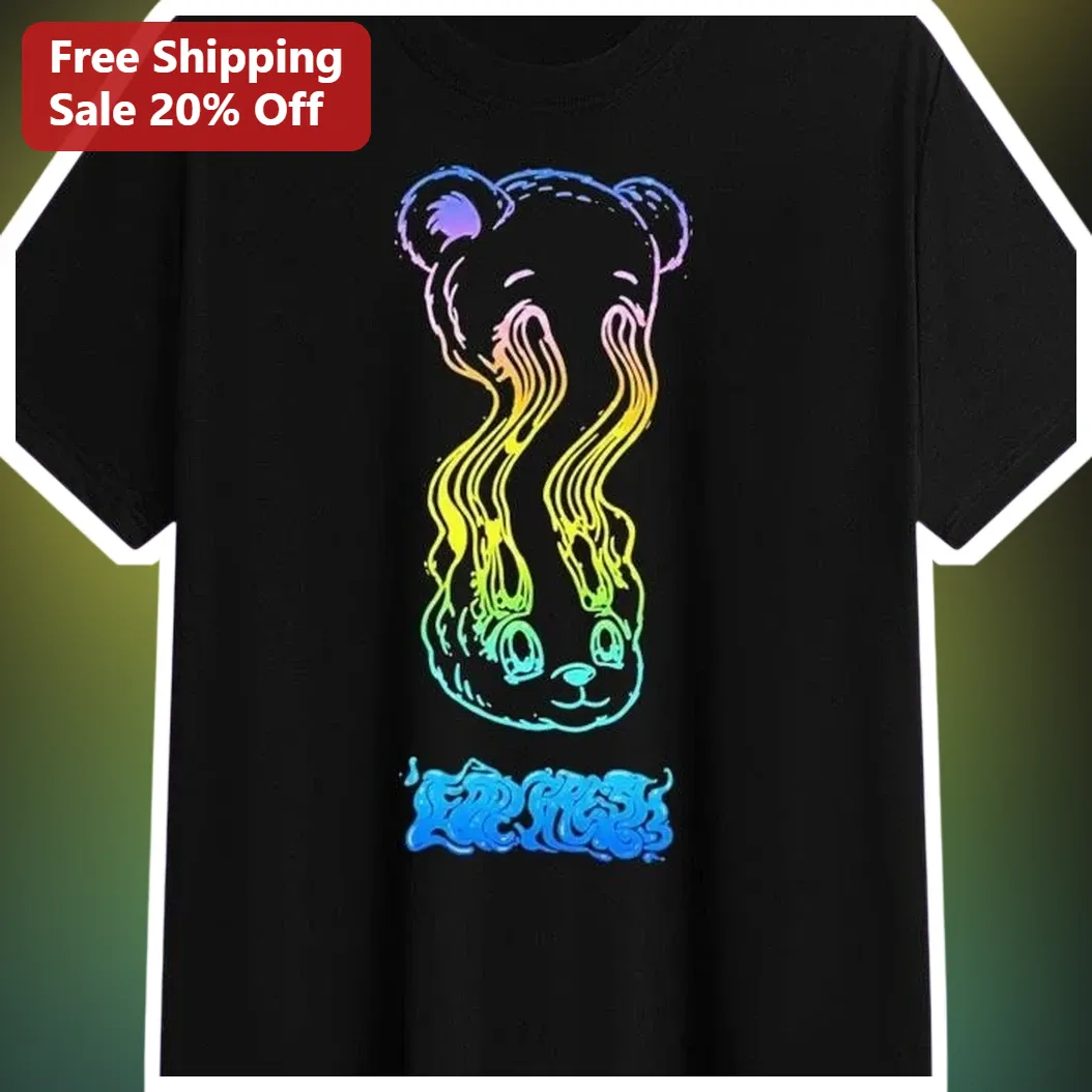 Melting Bear Psychedelic Art Tee Retro Trippy Rainbow Gradient Graphic Shirt for Men Women