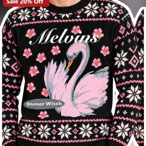 Melvins Sweater Black Knit Crewneck with Pink Swan and Cherry Blossoms Alternative Rock Band Merch