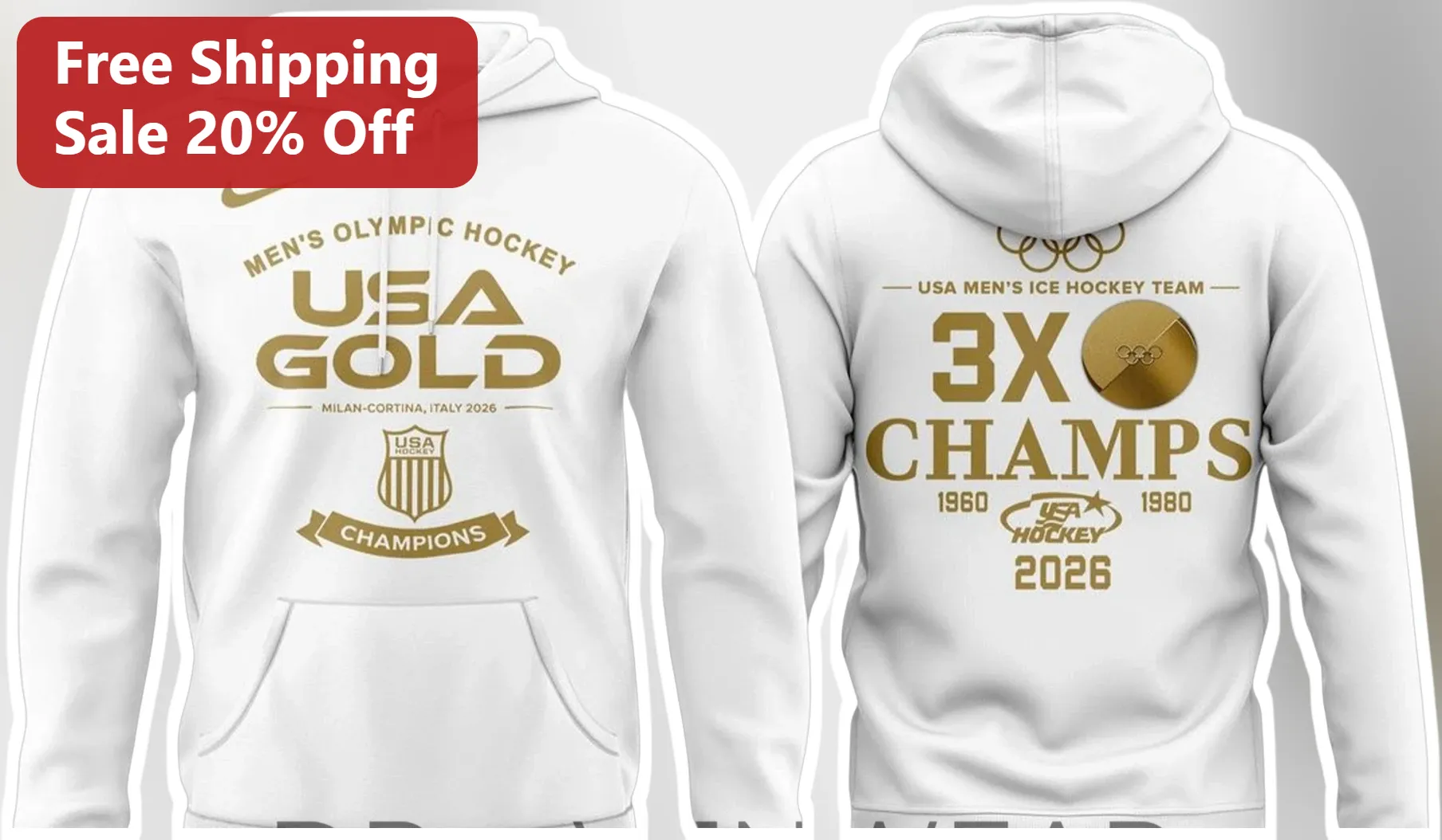 Mens Olympic Hockey USA Gold Champions Hoodie Team USA Milan Cortina 2026 Winter Olympics Fan Gear