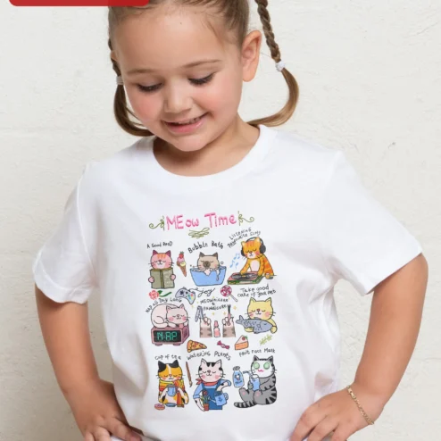 Meow Time Cat Lover Graphic Tee Funny Kitten Self Care Shirt for Women on a hanger, ready to ship from Chicago, Illinois