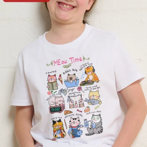 Meow Time Cat Lover Graphic Tee Funny Kitten Self Care Shirt for Women