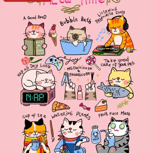 Meow Time Cat Self Care Poster Cute Kawaii Kitty Wall Art Gift for Cat Lovers on a hanger, ready to ship from Chicago, Illinois