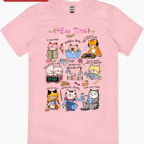 Customer in Chicago, Illinois wearing Meow Time Cat Self Care Poster Cute Kawaii Kitty Wall Art Gift for Cat Lovers