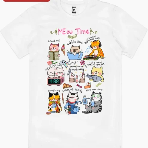 Close-up of Meow Time Cat Self Care Poster Cute Kawaii Kitty Wall Art Gift for Cat Lovers for streetwear fans in Chicago, Illinois