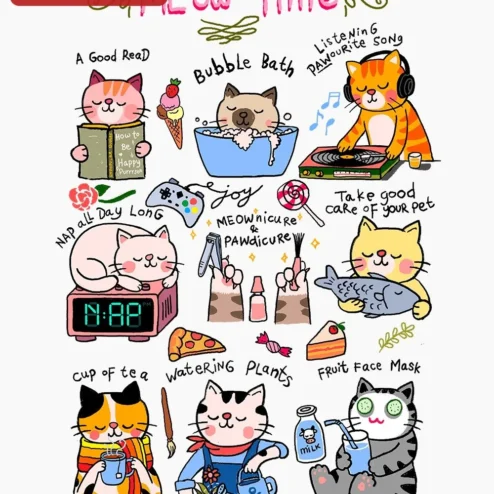 Meow Time Cat Self Care Poster Cute Kawaii Kitty Wall Art Gift for Cat Lovers