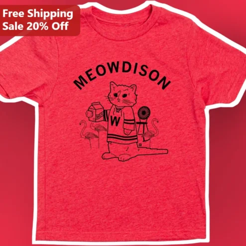 Meowdison Cat Hockey Jersey Graphic Tee Funny Wisconsin Feline Pun Shirt Gift for Cat Lovers