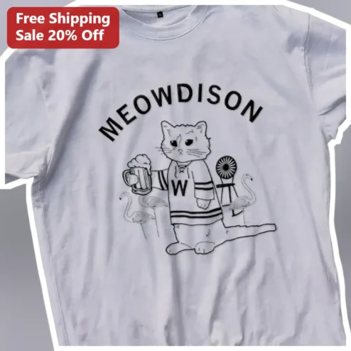 MEOWDISON Funny Cat Hockey Jersey Graphic Tee Wisconsin Badger State Gift