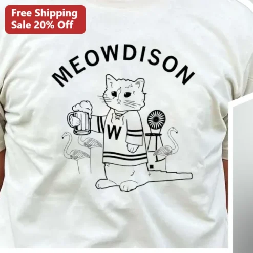 Meowdison Funny Wisconsin Cat Hockey Beer Graphic Tee Gift for Men Women