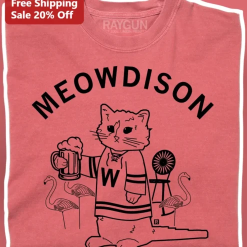 MEOWDISON Wisconsin Badgers Cat Hockey Beer Graphic Tee Funny Gift