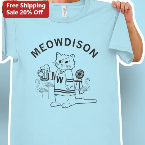 Meowdison Wisconsin Cat Hockey Tee Funny Badger State Gift for Men Women