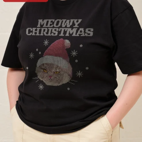 Meowy Christmas Tee Funny Grumpy Cat Santa Hat Graphic Shirt Holiday Gift for Cat Lovers