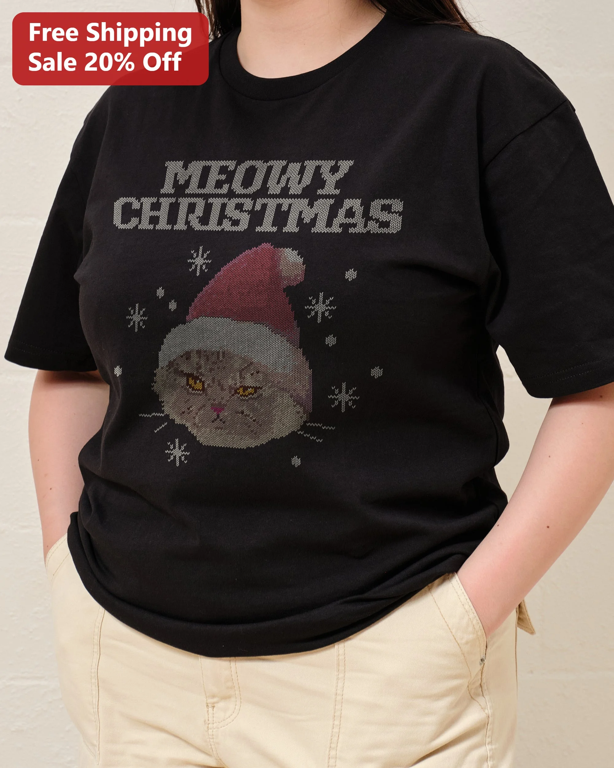Meowy Christmas Tee Funny Grumpy Cat Santa Hat Graphic Shirt Holiday Gift for Cat Lovers