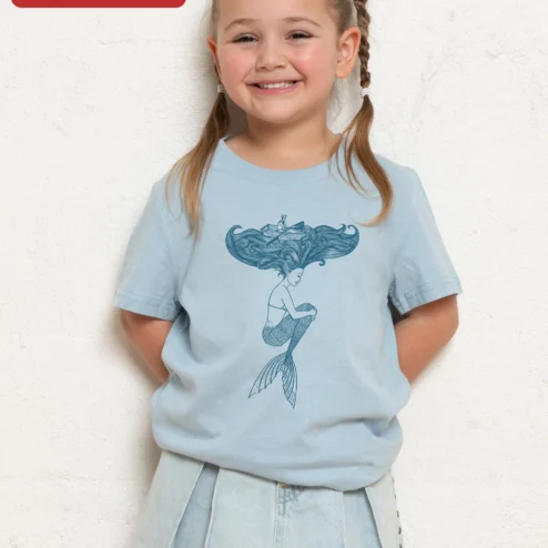 Mermaid and Boat Illustration Tee Kids Nautical Ocean Fantasy Graphic Shirt on a hanger, ready to ship from Chicago, Illinois