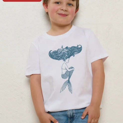 Mermaid and Boat Illustration Tee Kids Nautical Ocean Fantasy Graphic Shirt