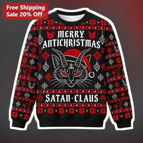 Merry Antichirstmas Satan Claus Sweatshirt Dark Humor Cat Ugly Christmas Sweater Gift