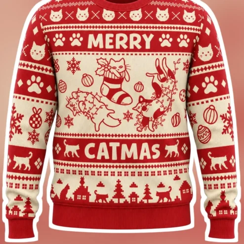 Merry Catmas Sweatshirt Funny Ugly Christmas Sweater Pattern Cat Lover Holiday Gift Crewneck