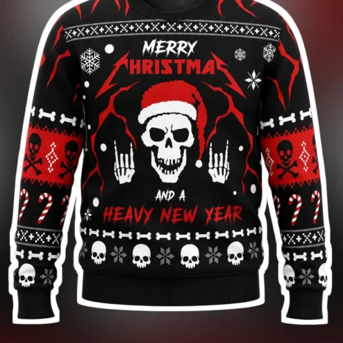 Merry Christmas and a Heavy New Year Sweatshirt Funny Skull Santa Metal Holiday Gift