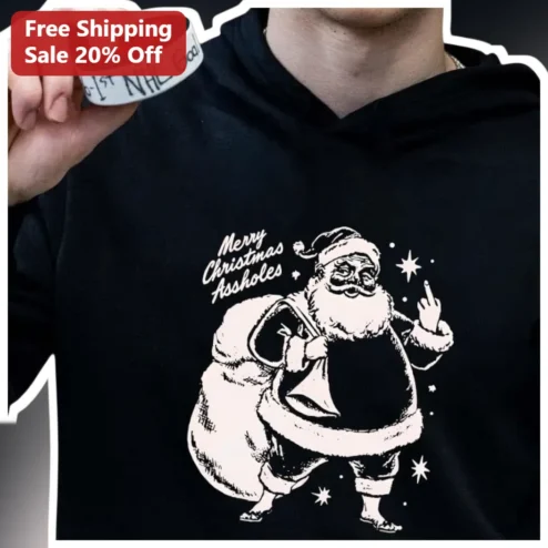 Merry Christmas Assholes Hoodie Funny Santa Claus Graphic Sweatshirt for Adults