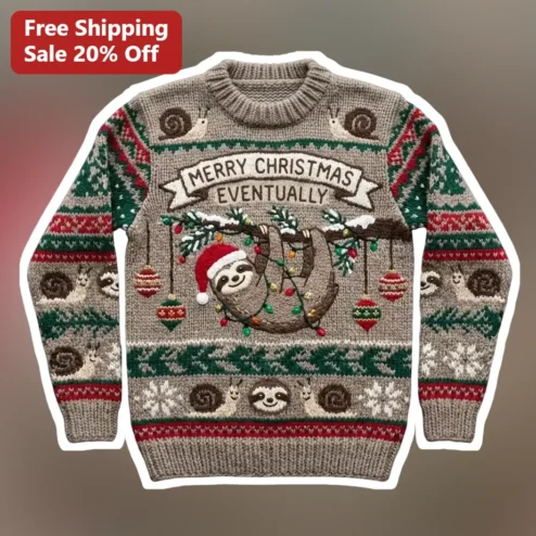 Merry Christmas Eventually Sloth Sweater Funny Holiday Knit Pullover Gift for Men Women