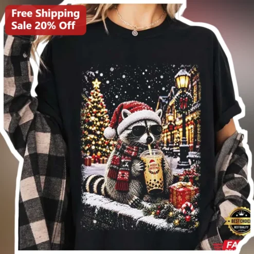 Merry Christmas Funny Raccoon Boba Tea Graphic Tee for Women Men Holiday Gift