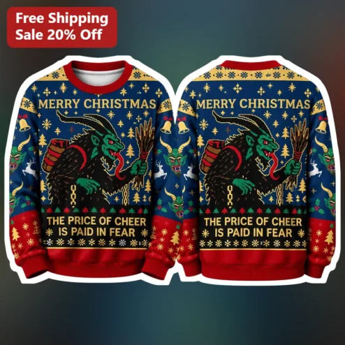 Merry Christmas Krampus Ugly Sweater Sweatshirt Dark Humor Holiday Crewneck Gift available at our Chicago, Illinois warehouse