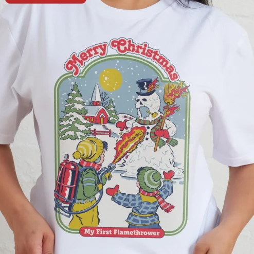 Customer in Chicago, Illinois wearing Merry Christmas My First Flamethrower Tee Funny Skeleton Snowman Holiday Graphic Shirt Gift for Him
