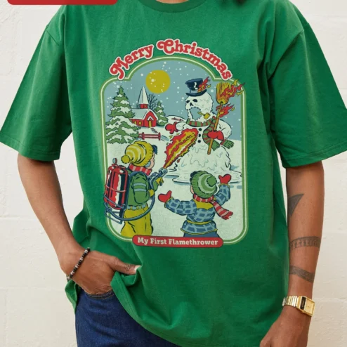 Merry Christmas My First Flamethrower Tee Funny Skeleton Snowman Holiday Graphic Shirt Gift for Him