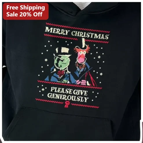 Merry Christmas Please Give Generously Kermit Fozzie Pixel Art Hoodie
