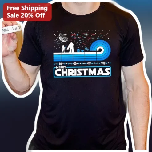 Merry Christmas Star Wars Tee Luke Skywalker Chewbacca Retro Synthwave Graphic T-Shirt for Men Women available at our Chicago, Illinois warehouse