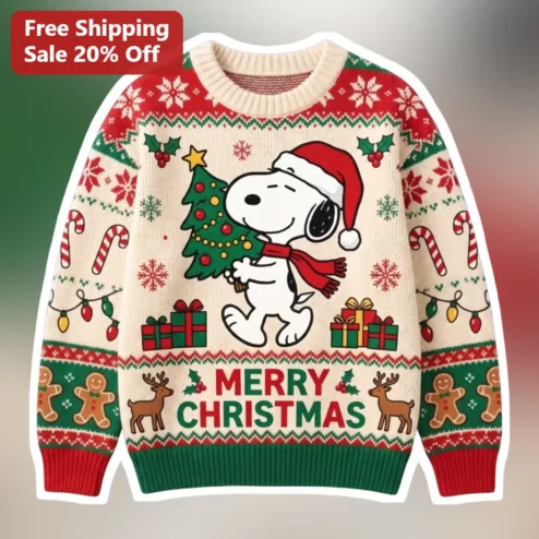 Merry Christmas Sweater Snoopy Peanuts Ugly Holiday Knit Pullover Gift for Women Men