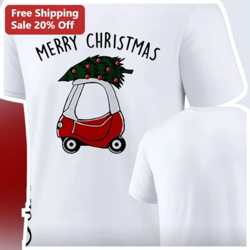 Merry Christmas Tee Funny Red Microcar with Tree Graphic Holiday Shirt for Car Enthusiasts