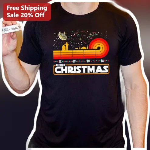 Merry Christmas Tee Retro Synthwave Hockey Player Holiday Gift for Men Women available at our Chicago, Illinois warehouse