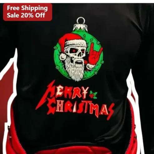 Merry Christmas Tee Skeleton Santa Rock On Heavy Metal Funny Holiday Shirt Long Sleeve