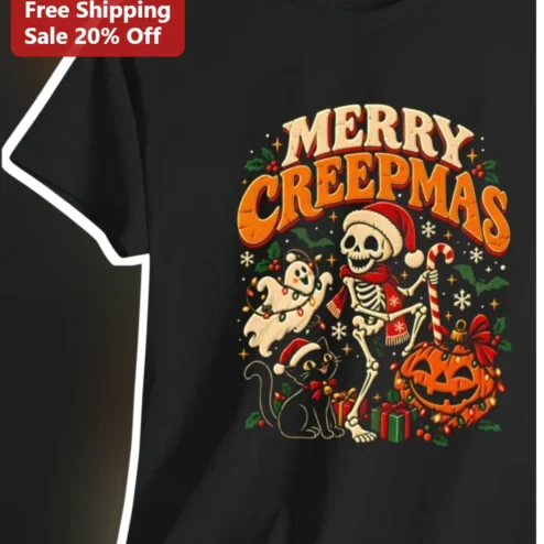 Merry Creepmas Tee Halloween Christmas Crossover Skeleton Santa Vintage Graphic Shirt
