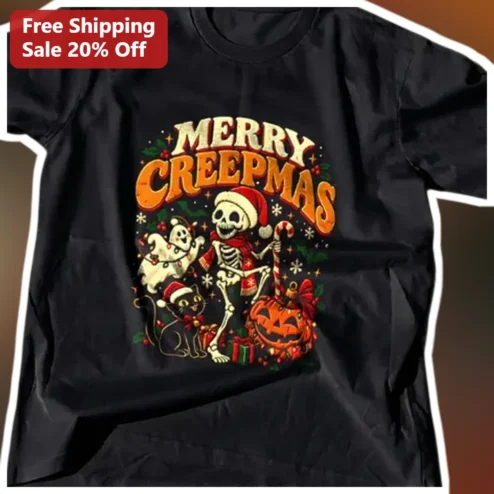 Merry Creepmas Tee Halloween Christmas Skeleton Graphic Shirt Gothic Horror Xmas Gift