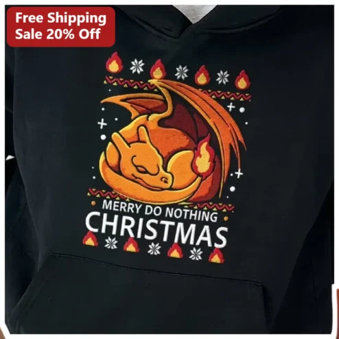 Merry Do Nothing Christmas Charizard Hoodie Ugly Sweater Pixel Art Gift for Gamers available at our Chicago, Illinois warehouse