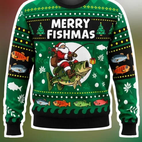 Merry Fishmas Sweatshirt Santa Riding Bass Fishing Christmas Gift for Anglers