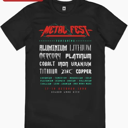 Metal Fest Heavy Metal Chemistry Periodic Table Graphic Tee for Fans on a hanger, ready to ship from Chicago, Illinois