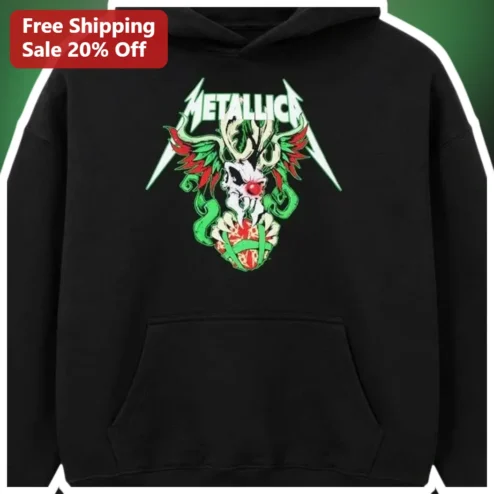 Metallica Holiday Reindeer Skull Pullover Hoodie Black Thrash Metal Christmas Gift