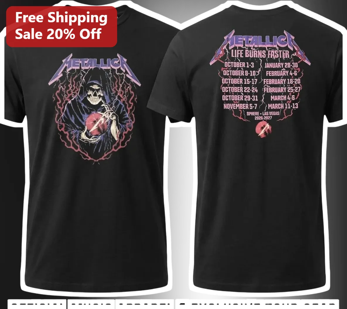 Metallica Life Burns Faster Sphere Las Vegas Residency Tour Graphic Tee